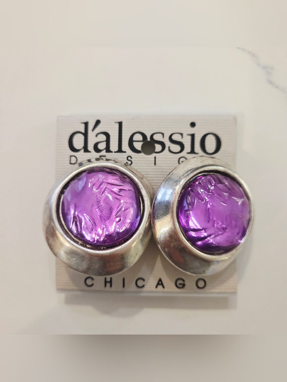Big Silver Purple Cabochon Round Vintage DALESSIO Earrings Clip On 1980 BOLD